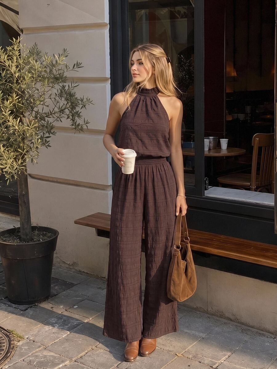 SHEIN MOD Women's Summer Casual Backless Halter Neck Jumpsuit - Brown - View 1