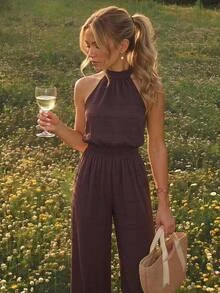 SHEIN MOD Women's Summer Casual Backless Halter Neck Jumpsuit - Brown - View 3
