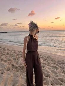 SHEIN MOD Women's Summer Casual Backless Halter Neck Jumpsuit - Brown - View 6