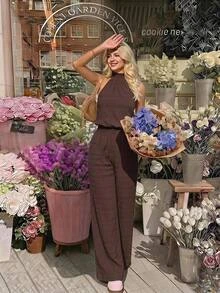 SHEIN MOD Women's Summer Casual Backless Halter Neck Jumpsuit - Brown - View 2