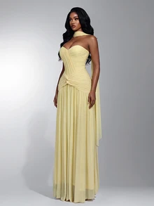 Elitara Elegant Yellow Elastic Knit Mesh Bustier Evening Gown,Ruched Front Twisted Waist Mermaid Hem,Detachable Halter Formal Dress For Weddings & Parties - Yellow - View 3