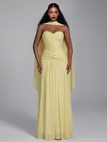 Elitara Elegant Yellow Elastic Knit Mesh Bustier Evening Gown,Ruched Front Twisted Waist Mermaid Hem,Detachable Halter Formal Dress For Weddings & Parties - Yellow - View 4