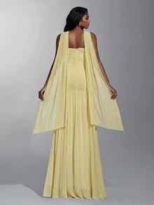 Elitara Elegant Yellow Elastic Knit Mesh Bustier Evening Gown,Ruched Front Twisted Waist Mermaid Hem,Detachable Halter Formal Dress For Weddings & Parties - Yellow - View 2