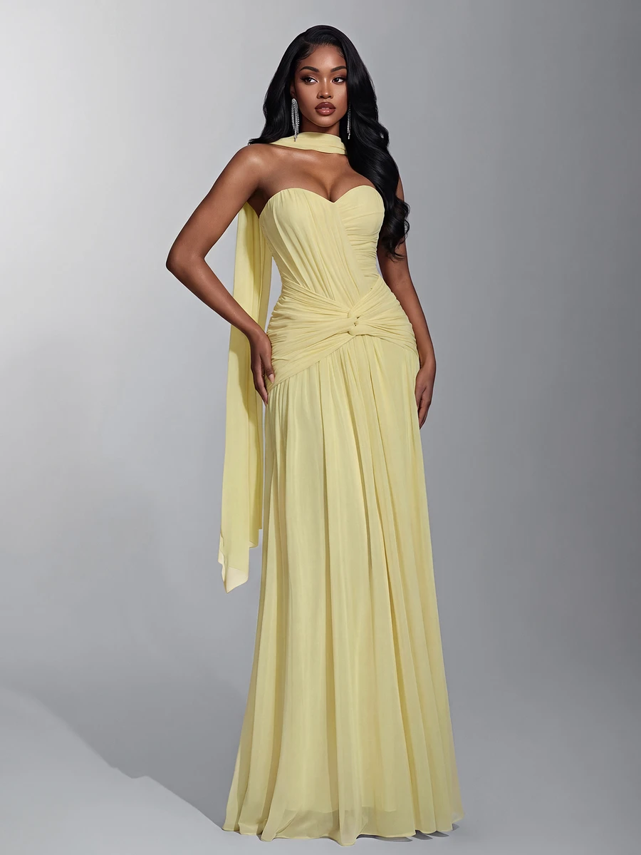 Elitara Elegant Yellow Elastic Knit Mesh Bustier Evening Gown,Ruched Front Twisted Waist Mermaid Hem,Detachable Halter Formal Dress For Weddings & Parties - Yellow - View 1