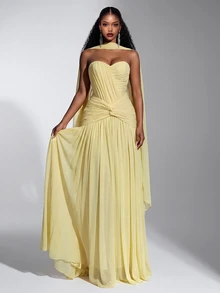 Elitara Elegant Yellow Elastic Knit Mesh Bustier Evening Gown,Ruched Front Twisted Waist Mermaid Hem,Detachable Halter Formal Dress For Weddings & Parties - Yellow - View 5