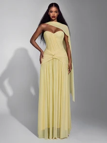 Elitara Elegant Yellow Elastic Knit Mesh Bustier Evening Gown,Ruched Front Twisted Waist Mermaid Hem,Detachable Halter Formal Dress For Weddings & Parties - Yellow - View 6