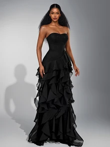 Elitara Elegant Luxury Asymmetric Neck Fishbone Shaping Organza Ruffle Fishtail Hem Maxi Dress,Suitable For Weddings,Galas,Business Banquets & Holiday Events - Multicolor - View 6