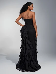 Elitara Elegant Luxury Asymmetric Neck Fishbone Shaping Organza Ruffle Fishtail Hem Maxi Dress,Suitable For Weddings,Galas,Business Banquets & Holiday Events - Multicolor - View 5