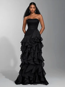 Elitara Elegant Luxury Asymmetric Neck Fishbone Shaping Organza Ruffle Fishtail Hem Maxi Dress,Suitable For Weddings,Galas,Business Banquets & Holiday Events - Multicolor - View 7