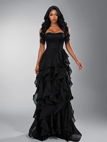 Elitara Elegant Luxury Asymmetric Neck Fishbone Shaping Organza Ruffle Fishtail Hem Maxi Dress,Suitable For Weddings,Galas,Business Banquets & Holiday Events - Multicolor - View 4