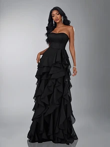 Elitara Elegant Luxury Asymmetric Neck Fishbone Shaping Organza Ruffle Fishtail Hem Maxi Dress,Suitable For Weddings,Galas,Business Banquets & Holiday Events - Multicolor - View 1