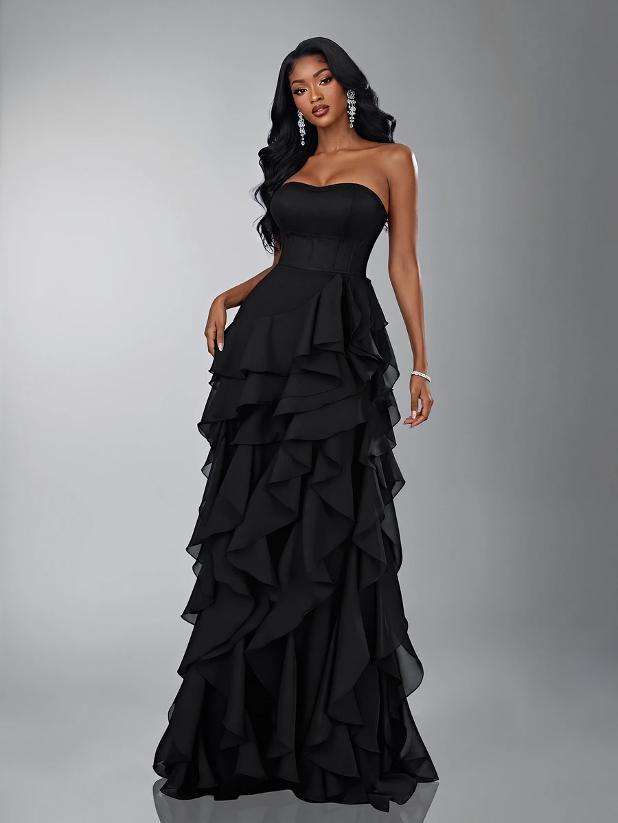 Elitara Elegant Luxury Asymmetric Neck Fishbone Shaping Organza Ruffle Fishtail Hem Maxi Dress,Suitable For Weddings,Galas,Business Banquets & Holiday Events - Multicolor - View 1