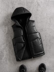 Boys Casual Hooded Letter Patchwork Quilted Thickened Vest, Autumn/Winter - Black - View 4