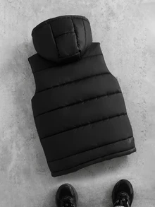 Boys Casual Hooded Letter Patchwork Quilted Thickened Vest, Autumn/Winter - Black - View 2