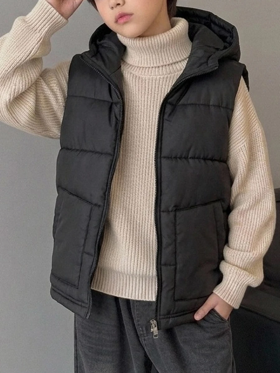 Boys Casual Hooded Letter Patchwork Quilted Thickened Vest, Autumn/Winter - Black - View 1