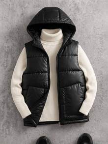 Boys Casual Hooded Letter Patchwork Quilted Thickened Vest, Autumn/Winter - Black - View 3