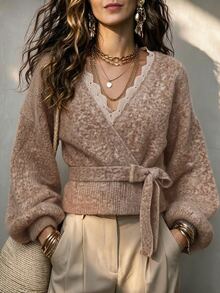LUMIGAL Women's V-Neck Lace Patchwork Lantern Sleeve Cardigan Sweater - Khaki - View 4