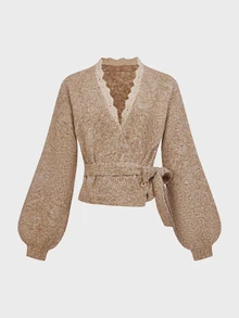 LUMIGAL Women's V-Neck Lace Patchwork Lantern Sleeve Cardigan Sweater - Khaki - View 3