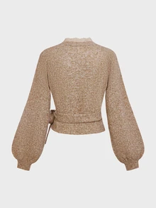 LUMIGAL Women's V-Neck Lace Patchwork Lantern Sleeve Cardigan Sweater - Khaki - View 7