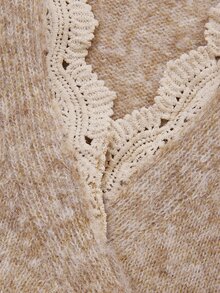 LUMIGAL Women's V-Neck Lace Patchwork Lantern Sleeve Cardigan Sweater - Khaki - View 5