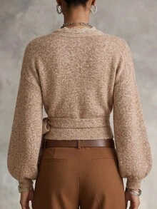 LUMIGAL Women's V-Neck Lace Patchwork Lantern Sleeve Cardigan Sweater - Khaki - View 2