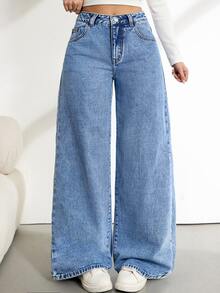 SHEIN Tall 女款休閒日常旅行牛仔褲，附口袋與鈕扣設計 - 藍色 - 查看 7