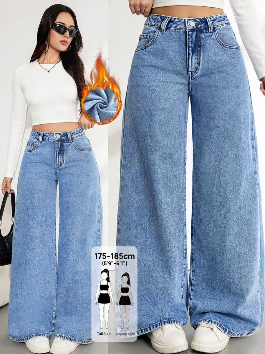 SHEIN Tall 女款休閒日常旅行牛仔褲,附口袋與鈕扣設計 - 藍色 - 查看 1