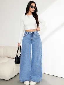 SHEIN Tall 女款休閒日常旅行牛仔褲，附口袋與鈕扣設計 - 藍色 - 查看 4