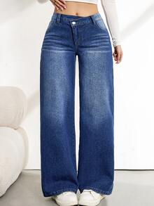 SHEIN Tall 女款時尚街頭休閒鈕扣口袋寬鬆牛仔長褲 日常外出上學淺藍色冬季款 - 藍色 - 查看 9