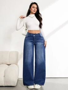 SHEIN Tall 女款時尚街頭休閒鈕扣口袋寬鬆牛仔長褲 日常外出上學淺藍色冬季款 - 藍色 - 查看 7