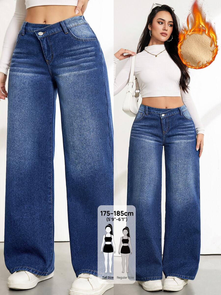 SHEIN Tall 女款時尚街頭休閒鈕扣口袋寬鬆牛仔長褲 日常外出上學淺藍色冬季款
