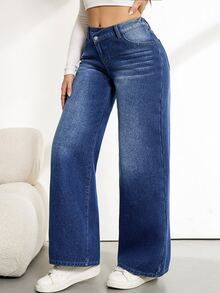 SHEIN Tall 女款時尚街頭休閒鈕扣口袋寬鬆牛仔長褲 日常外出上學淺藍色冬季款 - 藍色 - 查看 6