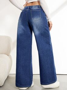 SHEIN Tall 女款時尚街頭休閒鈕扣口袋寬鬆牛仔長褲 日常外出上學淺藍色冬季款 - 藍色 - 查看 3