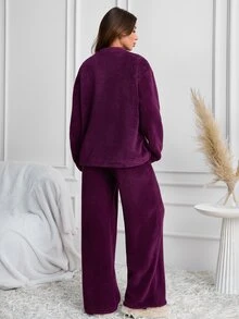 SHEIN طقم بيجامة شتوية نسائية باللون الكحلي من الفرو الناعم مع تطريز دب تيدي والقمر - الأرجواني - مشاهدة 3
