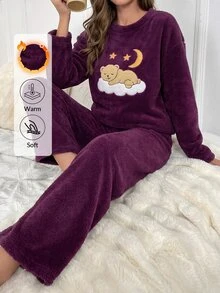 SHEIN طقم بيجامة شتوية نسائية باللون الكحلي من الفرو الناعم مع تطريز دب تيدي والقمر - الأرجواني - مشاهدة 9