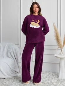 SHEIN طقم بيجامة شتوية نسائية باللون الكحلي من الفرو الناعم مع تطريز دب تيدي والقمر - الأرجواني - مشاهدة 4