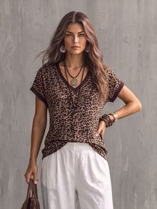 Glimmora Kaos Kasual Lengan Pendek Leher V Motif Leopard untuk Wanita - MultiWarna - View 1