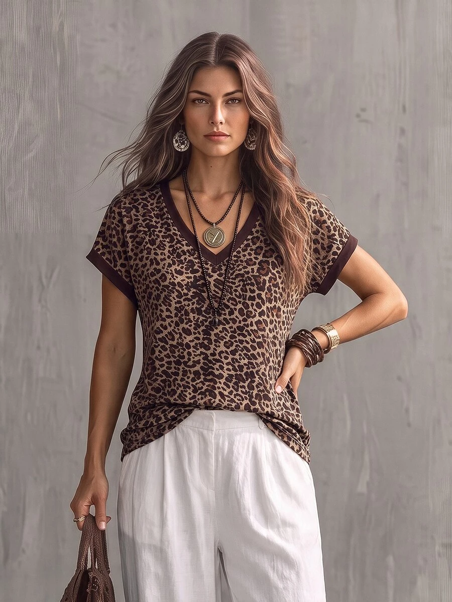 Glimmora Kaos Kasual Lengan Pendek Leher V Motif Leopard untuk Wanita - MultiWarna - View 1