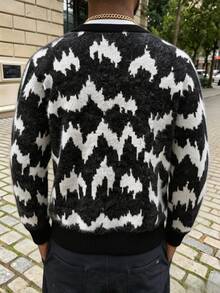 GALLERY FADE Men's Contrast Color Long Sleeve Single-Breasted Casual Knit Cardigan, Goth - Black and White - View 2