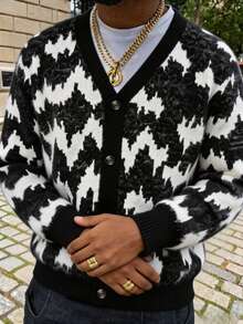 GALLERY FADE Men's Contrast Color Long Sleeve Single-Breasted Casual Knit Cardigan, Goth - Black and White - View 6