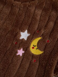 SHEIN Brown Cute Moon & Star Applique Ribbed Plush Casual Pajama Set - Pink - View 7