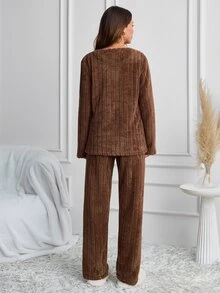 SHEIN Brown Cute Moon & Star Applique Ribbed Plush Casual Pajama Set - Pink - View 3