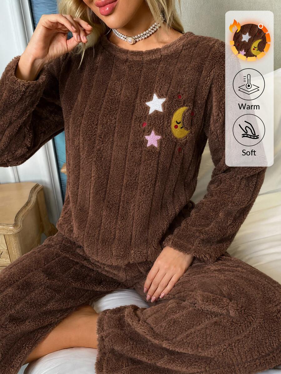 SHEIN Brown Cute Moon & Star Applique Ribbed Plush Casual Pajama Set