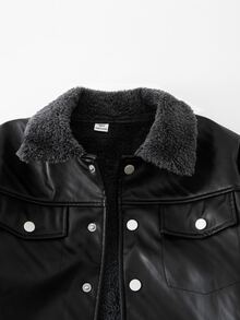 1pc Boys' Thermal Lined PU Leather Long Sleeve Jacket, Composite Fur Collar Coat For Autumn/Winter, Suitable For Daily Wear, Back To School, Commuting, Weekend Outings And More - Black - View 3