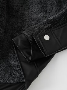 1pc Boys' Thermal Lined PU Leather Long Sleeve Jacket, Composite Fur Collar Coat For Autumn/Winter, Suitable For Daily Wear, Back To School, Commuting, Weekend Outings And More - Black - View 4