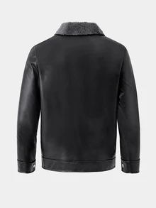 1pc Boys' Thermal Lined PU Leather Long Sleeve Jacket, Composite Fur Collar Coat For Autumn/Winter, Suitable For Daily Wear, Back To School, Commuting, Weekend Outings And More - Black - View 2