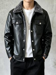 1pc Boys' Thermal Lined PU Leather Long Sleeve Jacket, Composite Fur Collar Coat For Autumn/Winter, Suitable For Daily Wear, Back To School, Commuting, Weekend Outings And More - Black - View 7