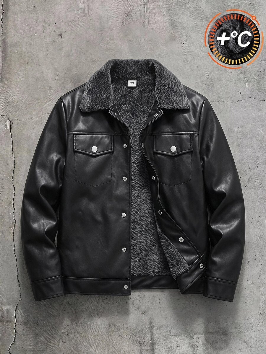 1pc Boys' Thermal Lined PU Leather Long Sleeve Jacket, Composite Fur Collar Coat For Autumn/Winter, Suitable For Daily Wear, Back To School, Commuting, Weekend Outings And More - Black - View 1