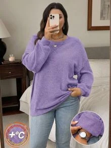 Rosumi Sudadera holgada de punto de cuello redondo, manga larga y hombros caídos en unicolor para talla grande. Ideal para el invierno, Año Nuevo, salidas y uso diario. Sencilla y de moda para mujeres de talla grande en invierno, Navidad y citas - Morado - Ver 9