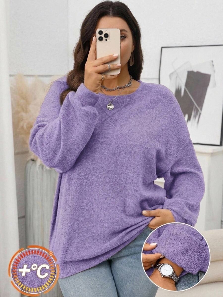 Rosumi Sudadera holgada de punto de cuello redondo, manga larga y hombros caídos en unicolor para talla grande. Ideal para el invierno, Año Nuevo, salidas y uso diario. Sencilla y de moda para mujeres de talla grande en invierno, Navidad y citas - Morado - Ver 1